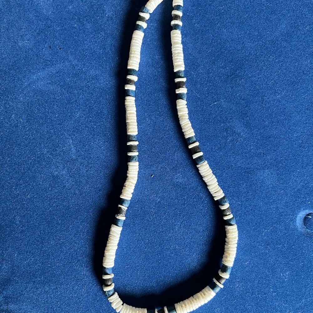 White and blue beaded necklace